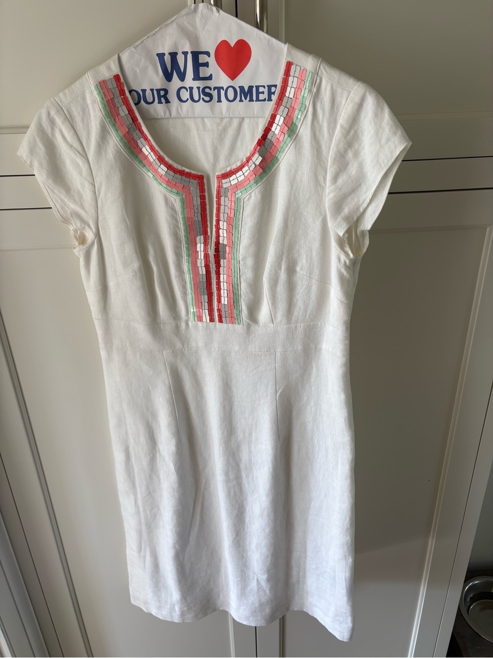 Boden Sorrento White Embroidered Linen Shift Dress with Coral & Mint bead Trim
